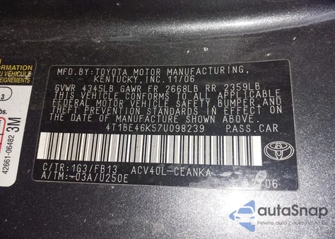 2007 Toyota Camry Le из США, поврежденный, VIN 4T1BE46K57U098239